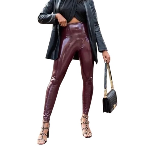 Spanx Burgundy Red Faux Leather High Waist Leggings Size Smalll - Picture 2 of 9